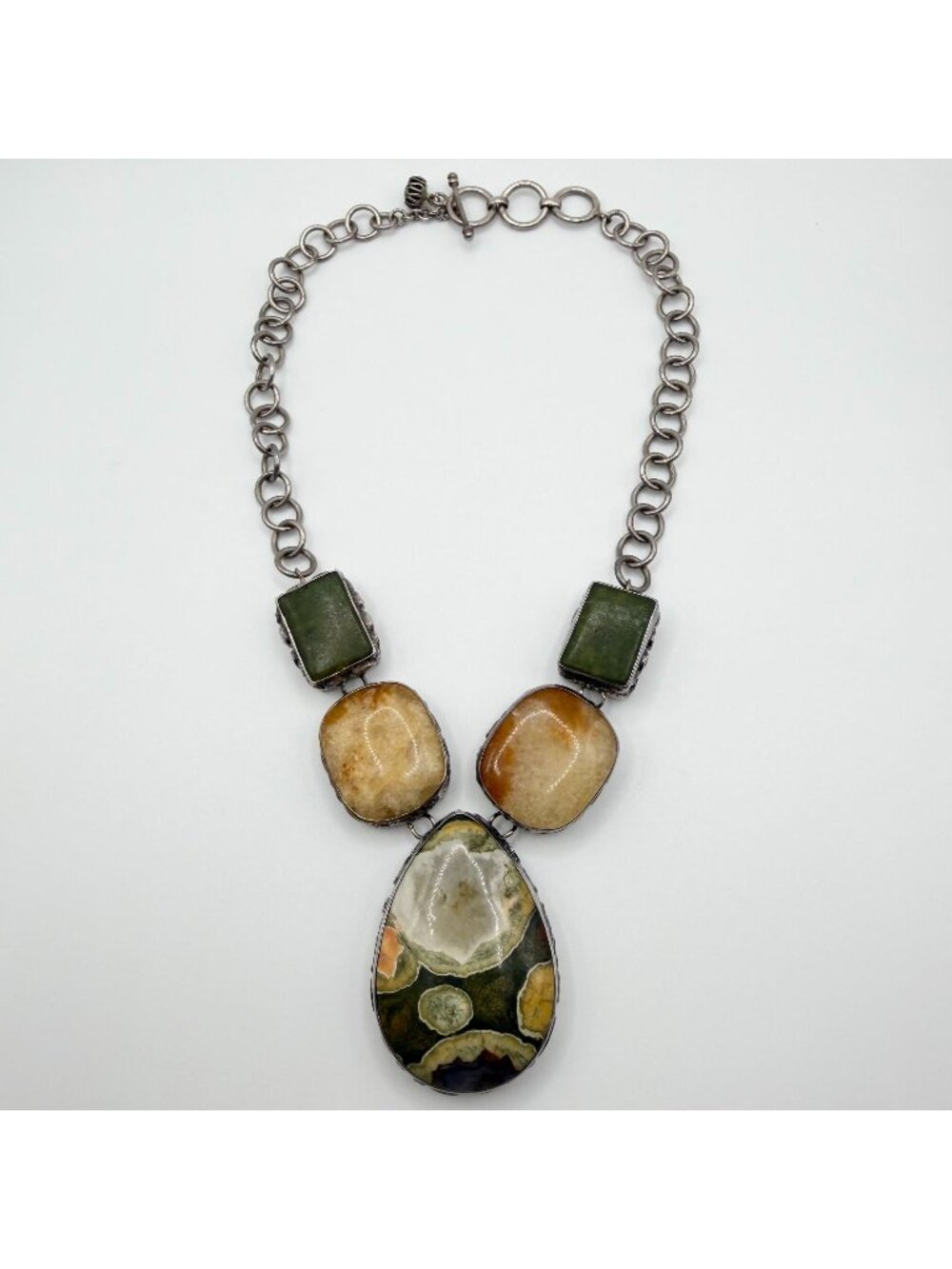 925 Sterling Silver Necklace With Green And Amber Stones Large Pendant